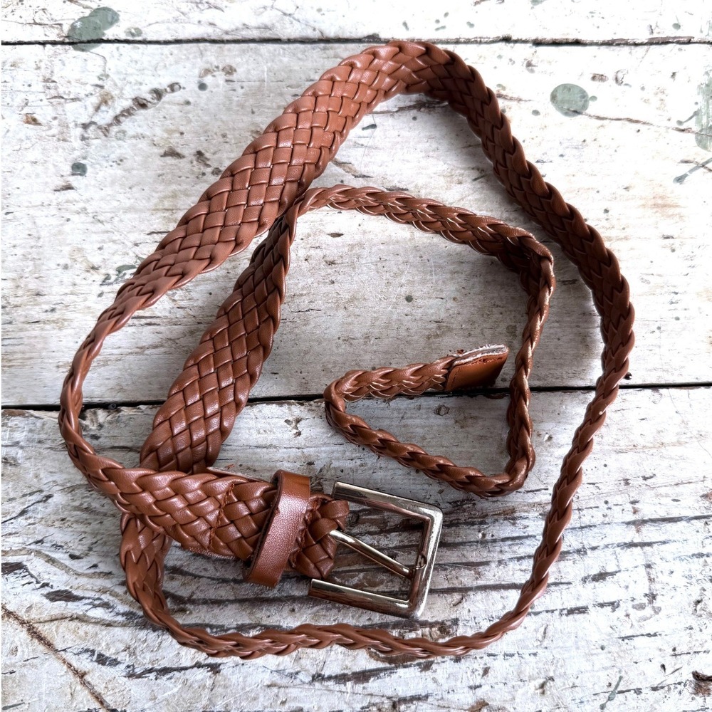 Cognac Brown Braided Woven Belt‎ Square Buckle Faux Leather Adjustable